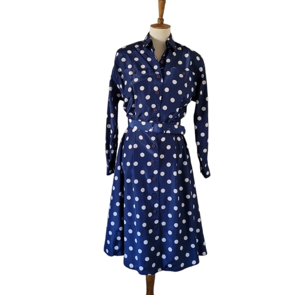 Vintage Dresses & Skirts - Vintage - 80's Schrader Sport Blue and White Polka Dot Midi Full Circle Dress